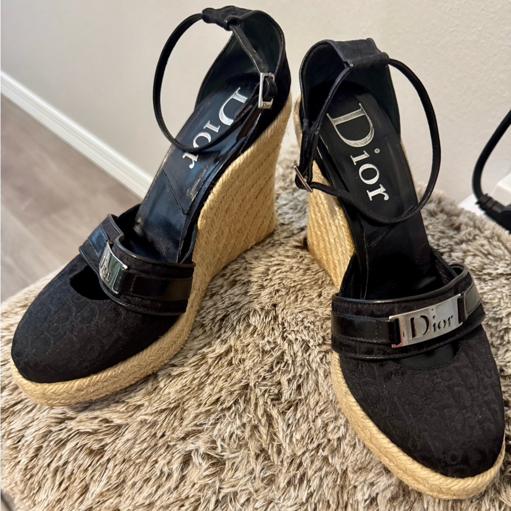 Dior Black Logo Canvas Wedge Espadrilles